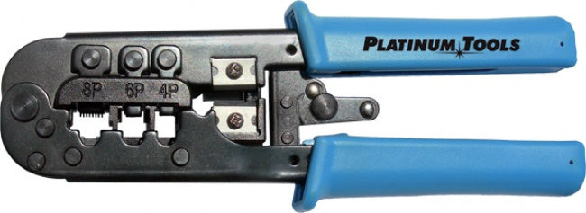 Platinum Tools 12503C All-in-One Modular Plug Crimp Tool. Packaged in clamshell.