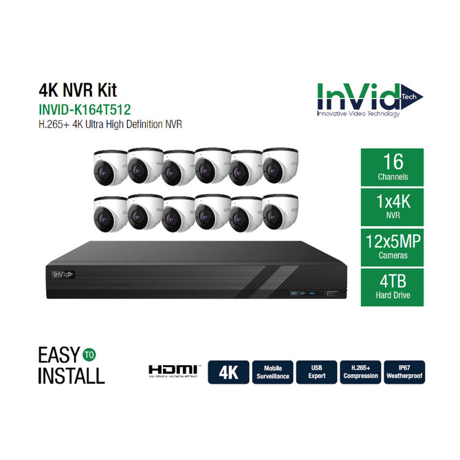 Invid INVID-K164T512 16 Channel NVR with 4 TB +(12) 5-Megapixel Cameras