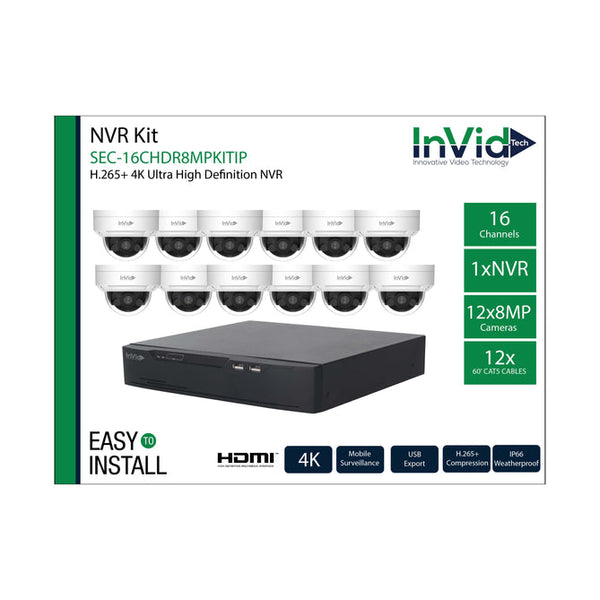Invid SEC-16CHDR8MPKITIP/12 16CH NVR W/ 12 8MP CAMERAS 12 CABLES