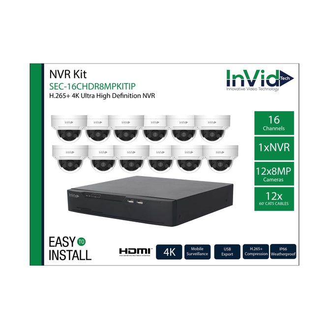 Invid SEC-16CHDR8MPKITIP/12 16CH NVR W/ 12 8MP CAMERAS 12 CABLES