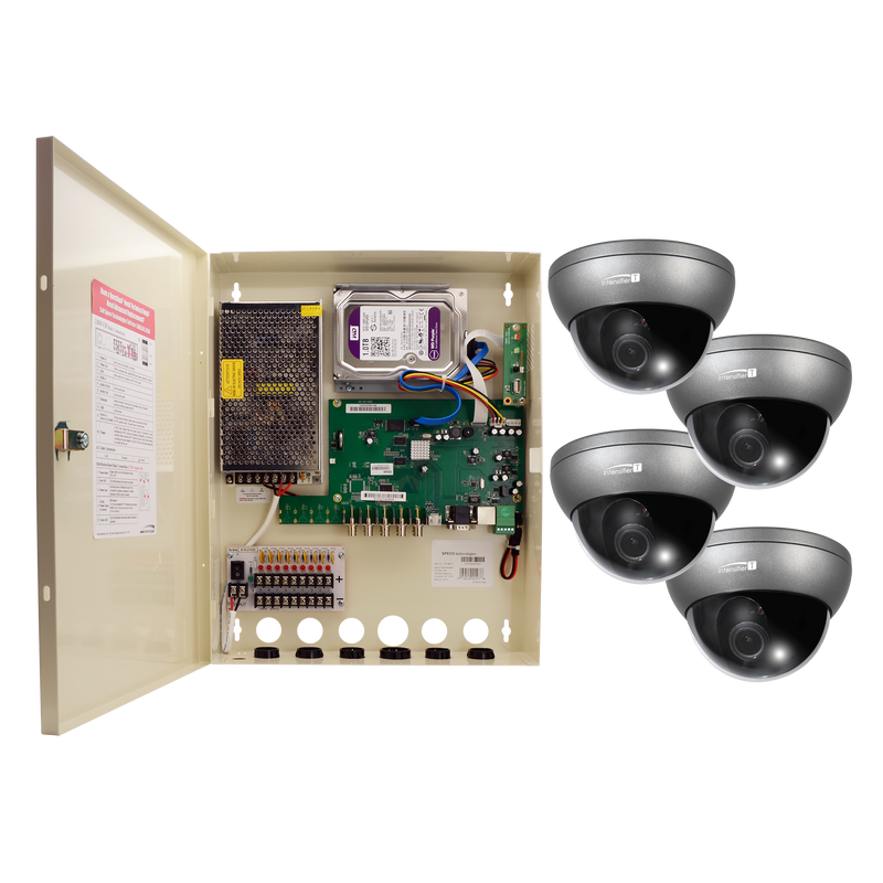 Speco ZIPTWP471 4CH HD-TVI Wall Mount DVR w/ PS, 1080p, 60fps, 1TB w/ 4 Outdoor INT Dome Cameras